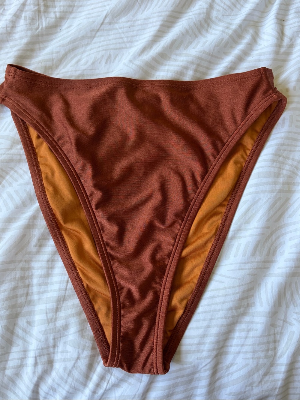 High-Rise Women’s Swim Bikini Bottom in Rust with Contrasting Lining